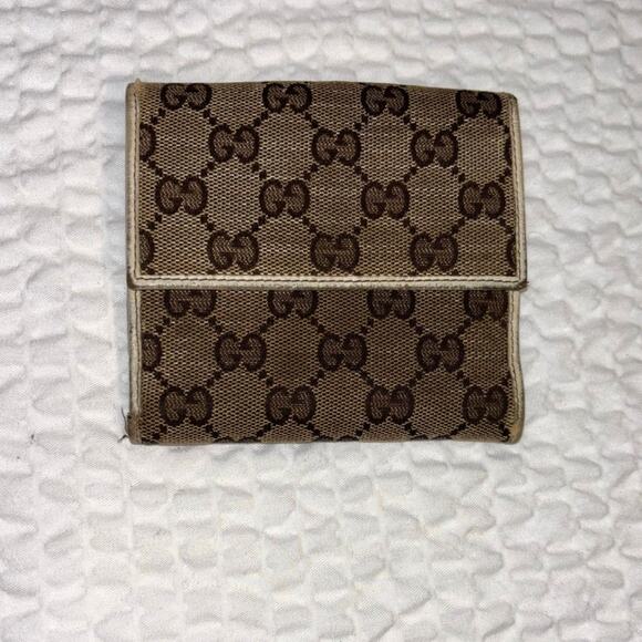 Gucci Monogram Canvas Bifold Compact Wallet Brown i& Ivory - Picture 1 of 6